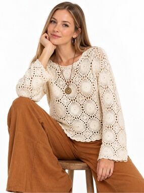 Vintage Jacqueline Ferrar M Ivory Crochet Ramie Cotton Sweater 90s Boho Knit